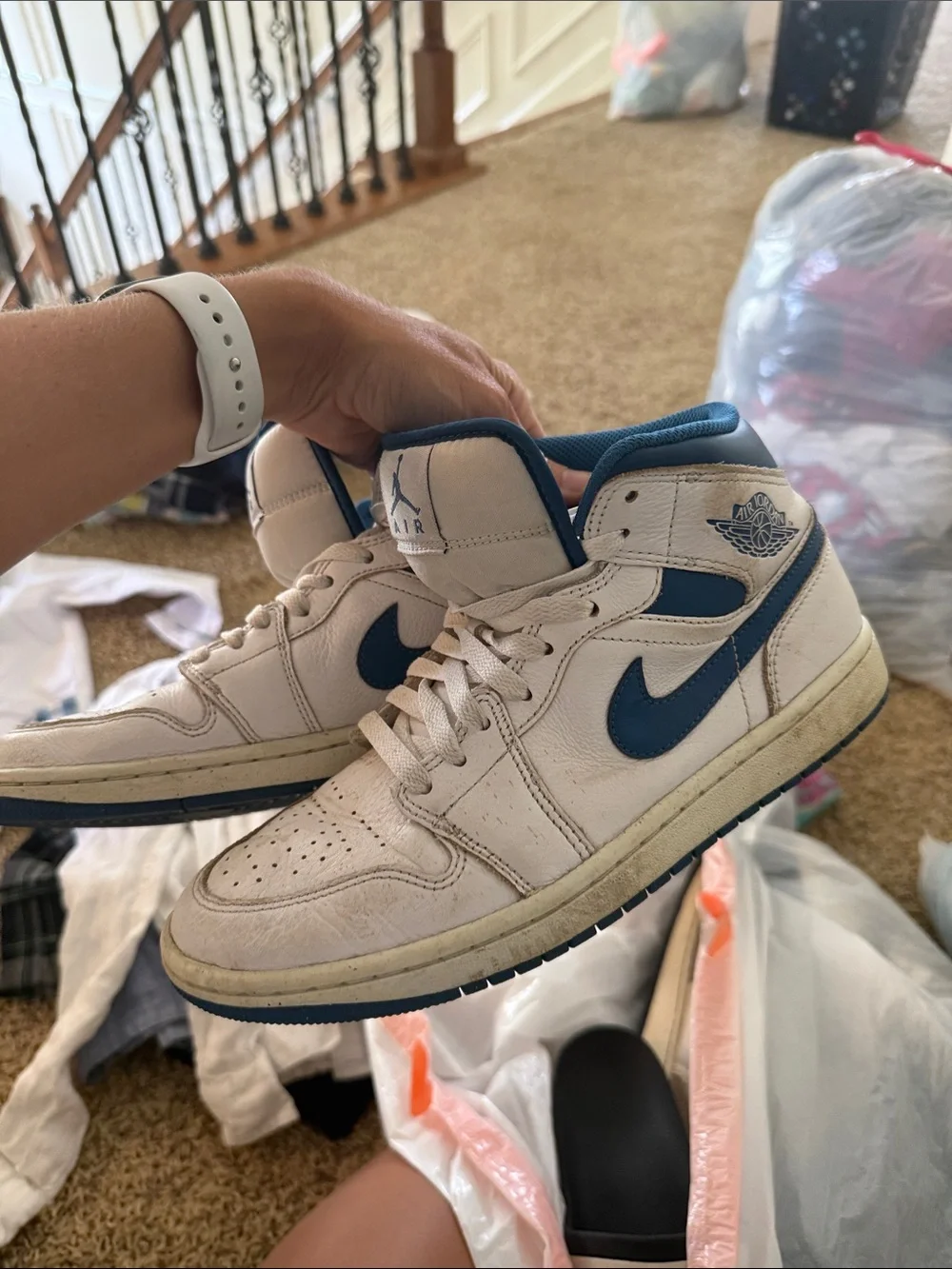 Jordan Kids White and Blue High-Top Sneakers